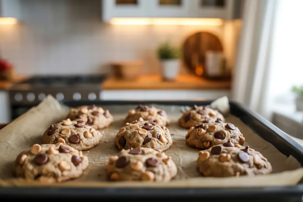 Freshly baked batch of banana cookies with dark chocolate chips and crunchy peanut butter chips