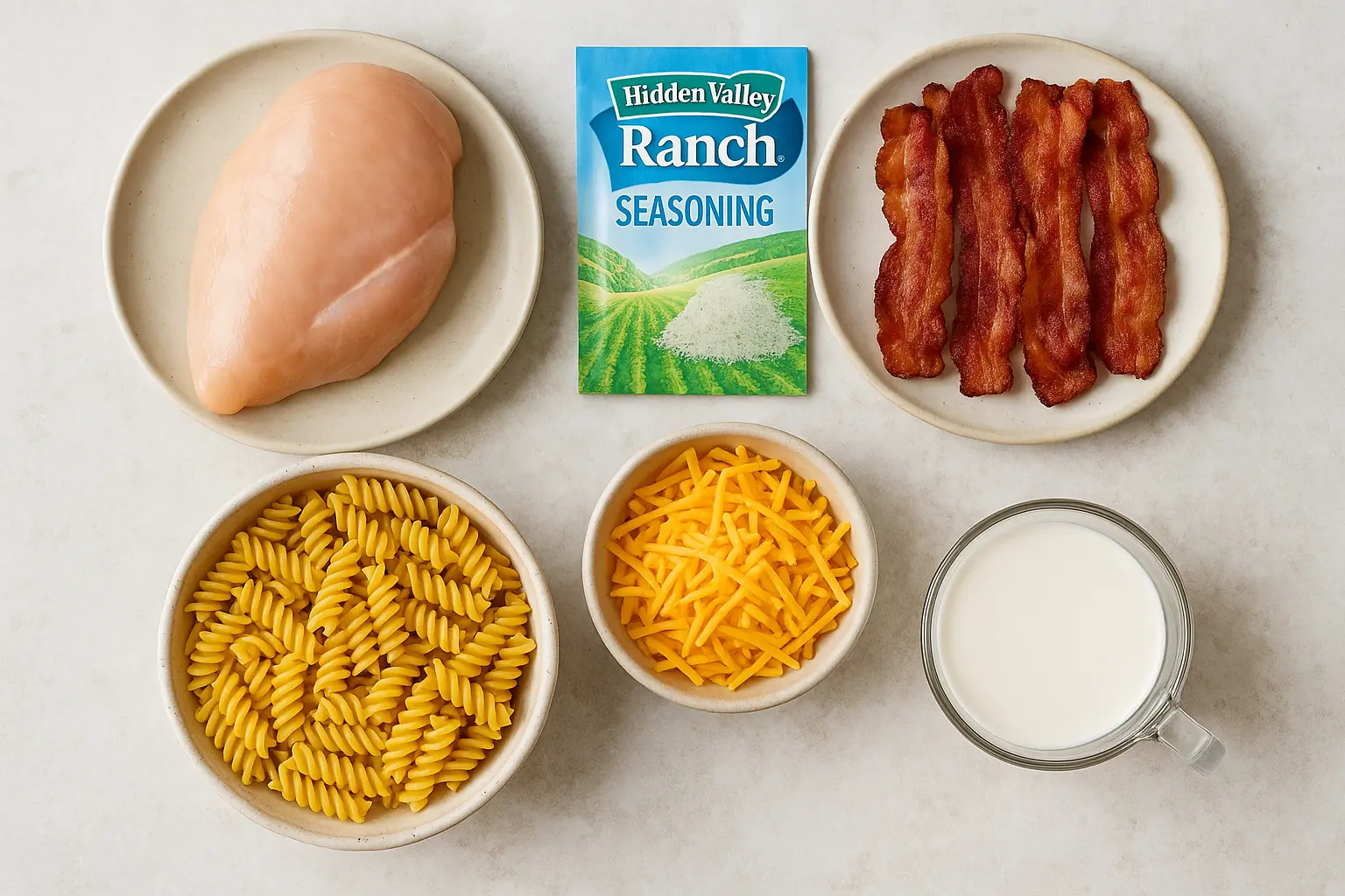 chicken bacon ranch pasta ingredients flat lay