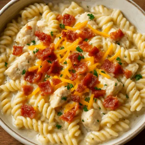 chicken bacon ranch pasta served in a bowl with bacon and cheese