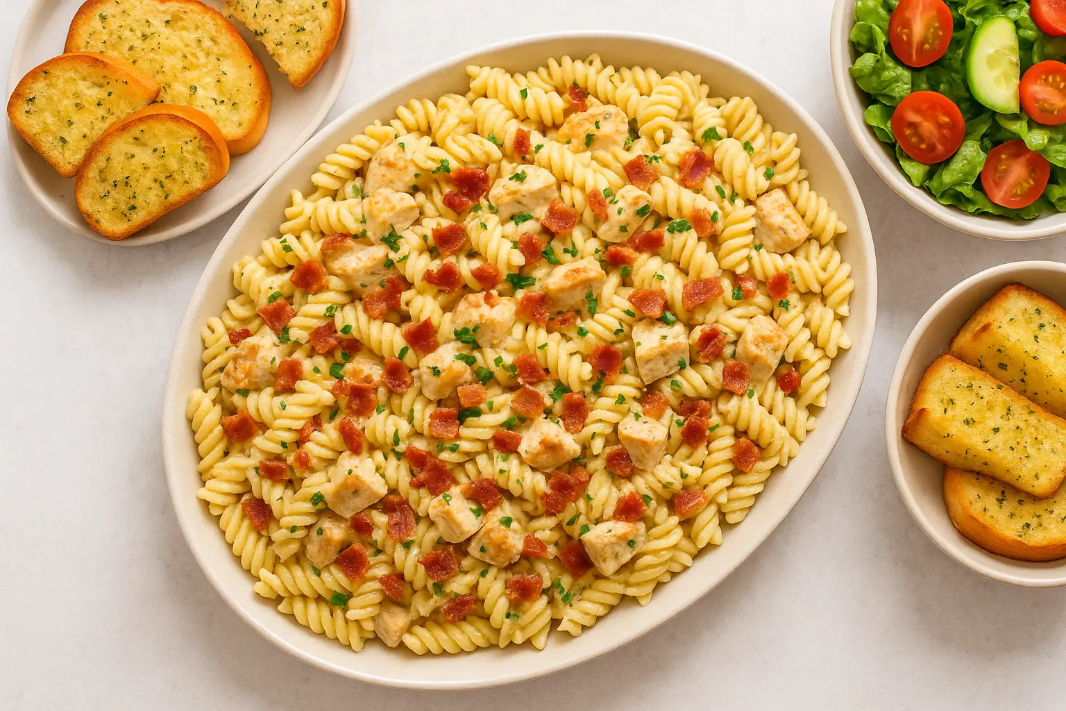 chicken bacon ranch pasta served family style