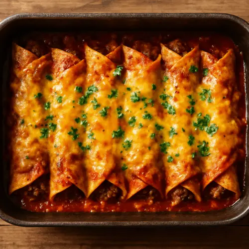 easy cheesy ground beef enchiladas recipe card