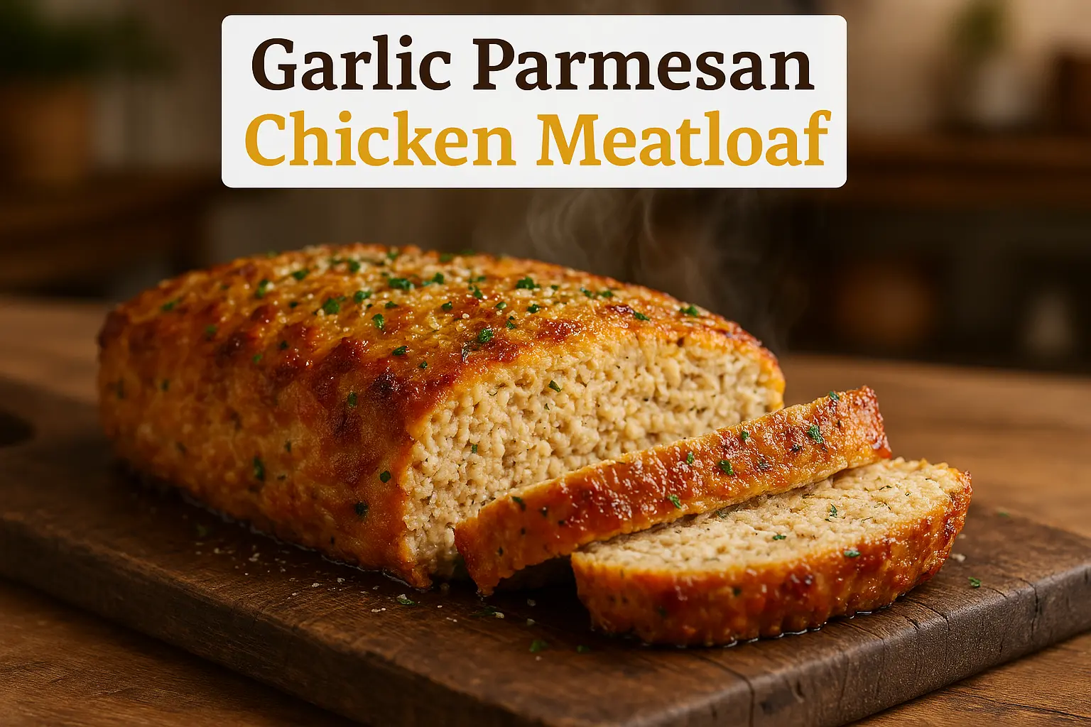 Garlic Parmesan Chicken Meatloaf sliced on board