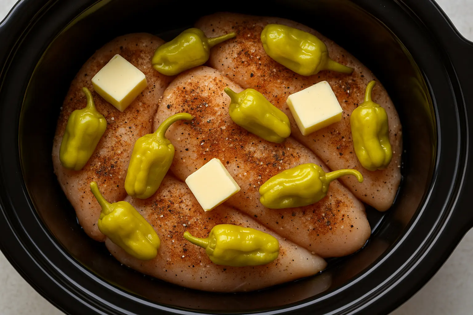 raw Mississippi chicken in slow cooker with seasoning