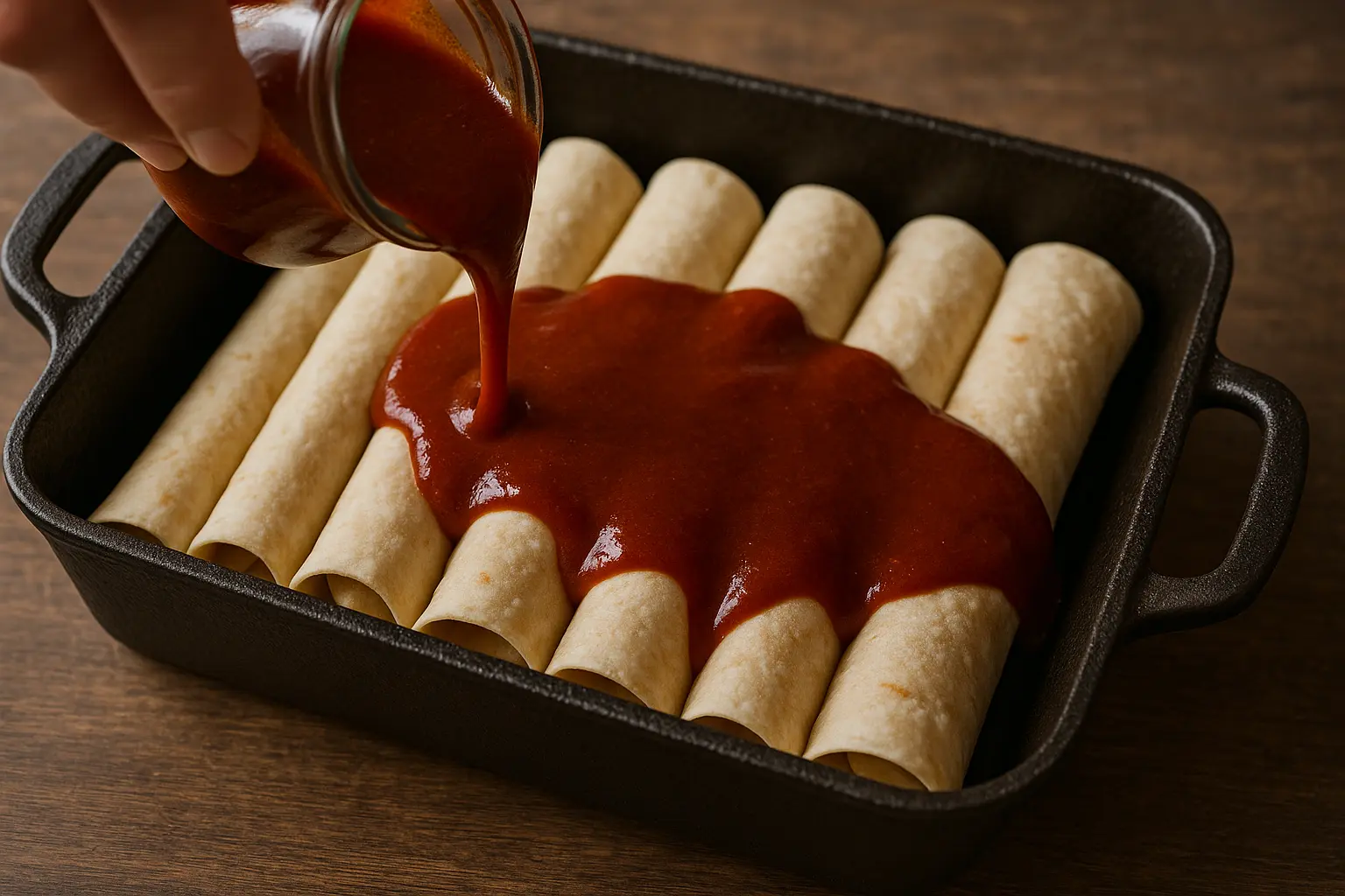 pouring-enchilada-sauce.jpg pouring enchilada sauce over tortillas