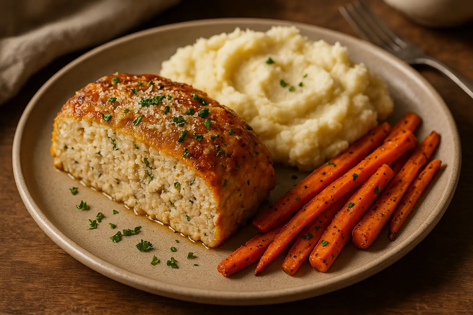 Garlic parmesan chicken meatloaf served with sides