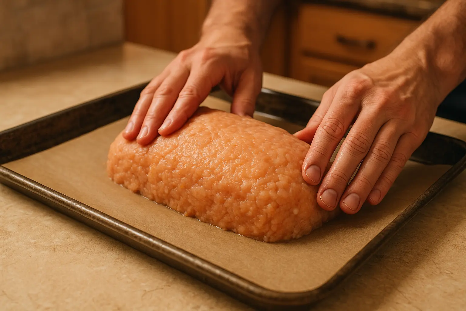 Shaping garlic parmesan chicken meatloaf before baking