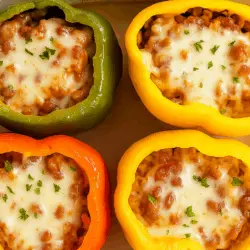 Stuffed peppers recipe card with melted cheese and beef filling