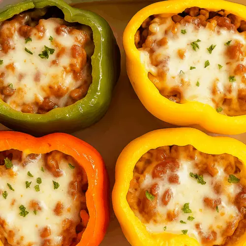Stuffed peppers recipe card with melted cheese and beef filling
