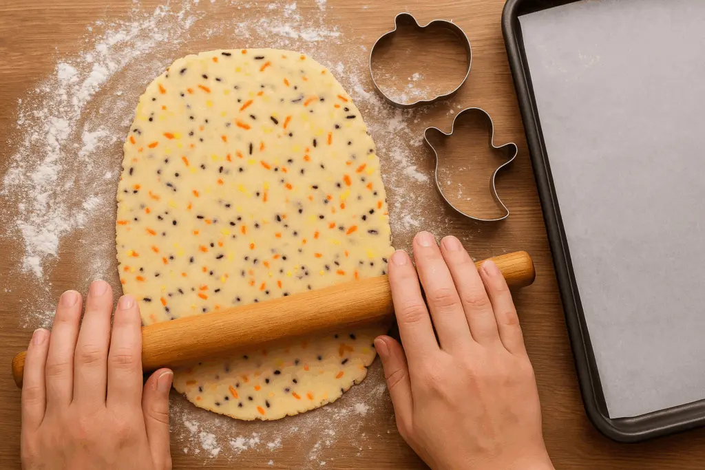 Festive Halloween Shortbread Cookies Recipe 5 Rolling Halloween shortbread cookie dough with cutters