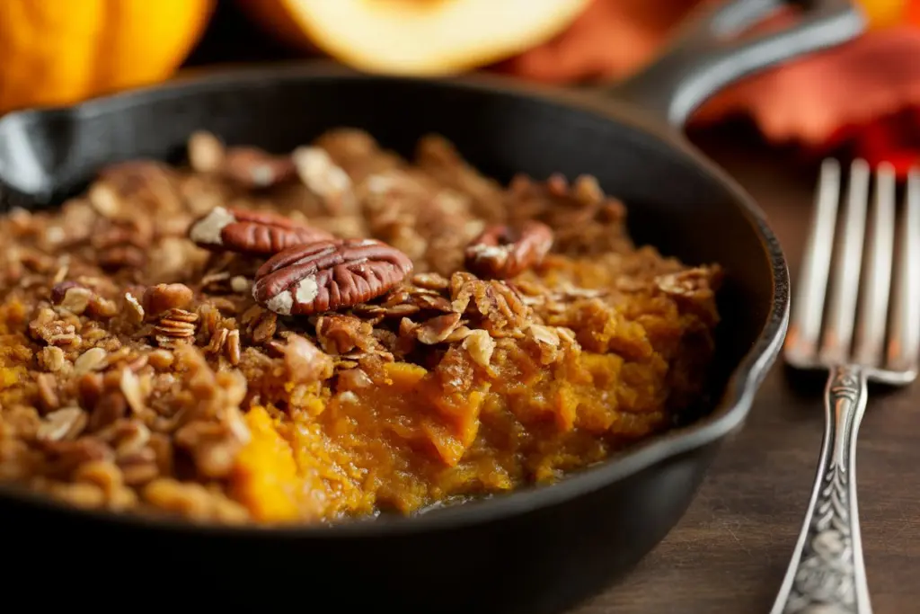 Pumpkin crisp in cast iron skillet with fall decor