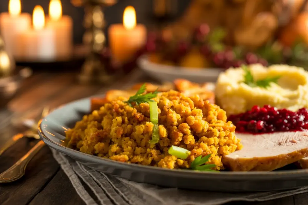 Thanksgiving plate with cornbread dressing and sides
