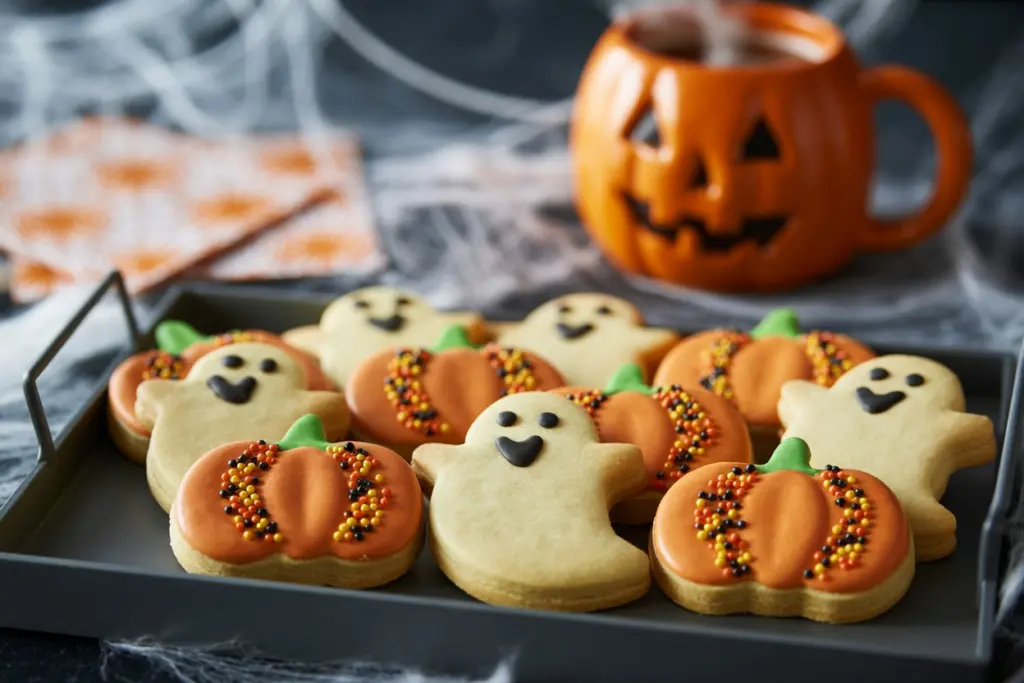 Festive Halloween Shortbread Cookies Recipe 6 Decorated Halloween shortbread cookies on festive tray
