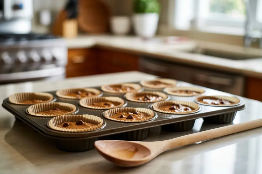 muffin tin (12) filled with batter for pumpkin chocolate chip muffins