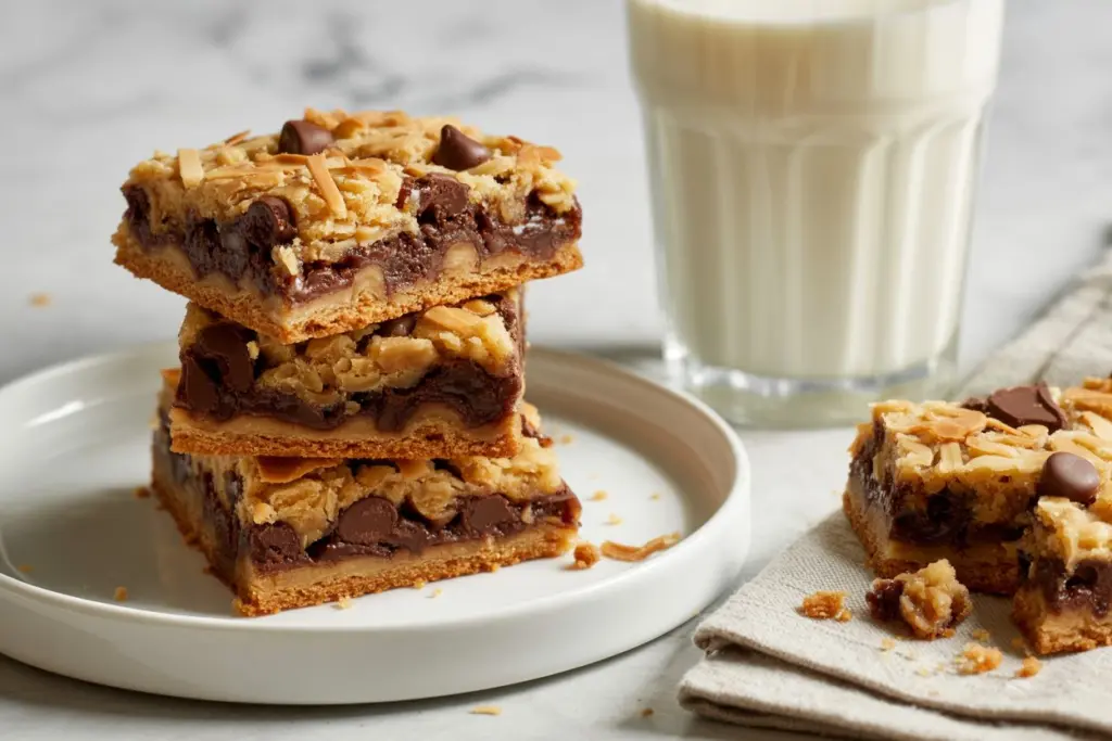Irresistible Magic Cookie Bars Recipe 8 Magic cookie bar served with a glass of milk