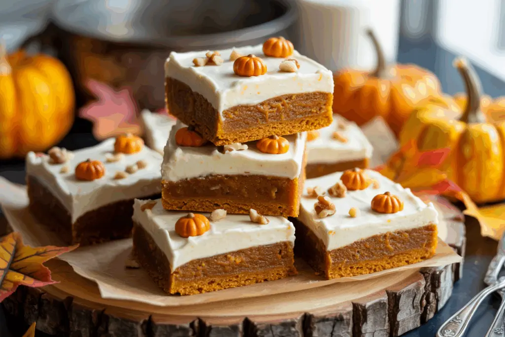 Pumpkin spice bar Thanksgiving dessert on rustic table