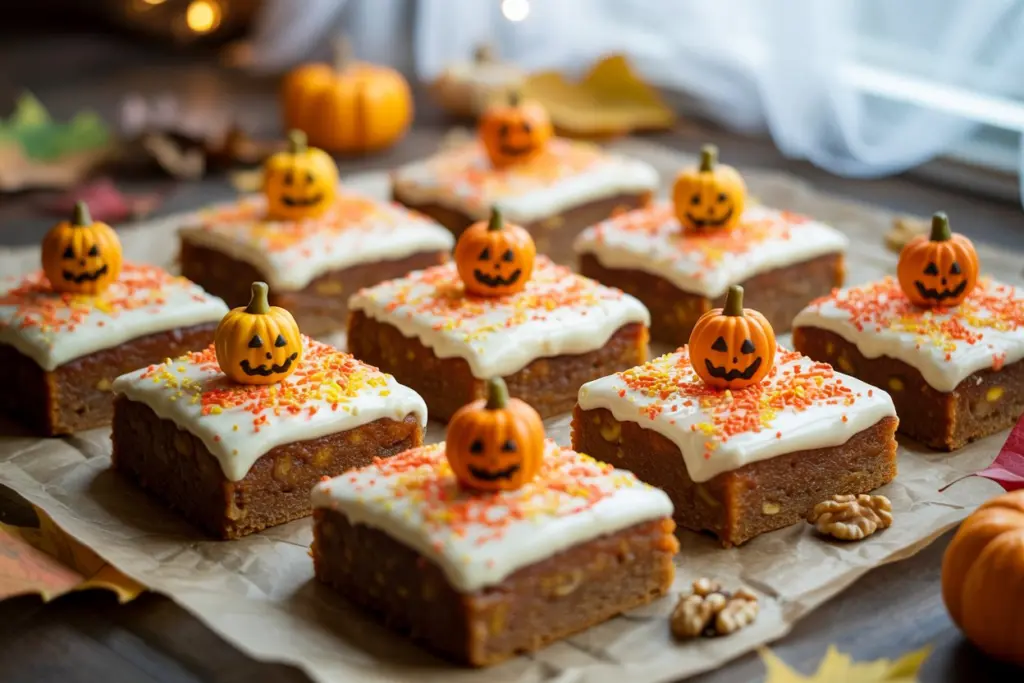 Pumpkin spice bars served on fall dessert table