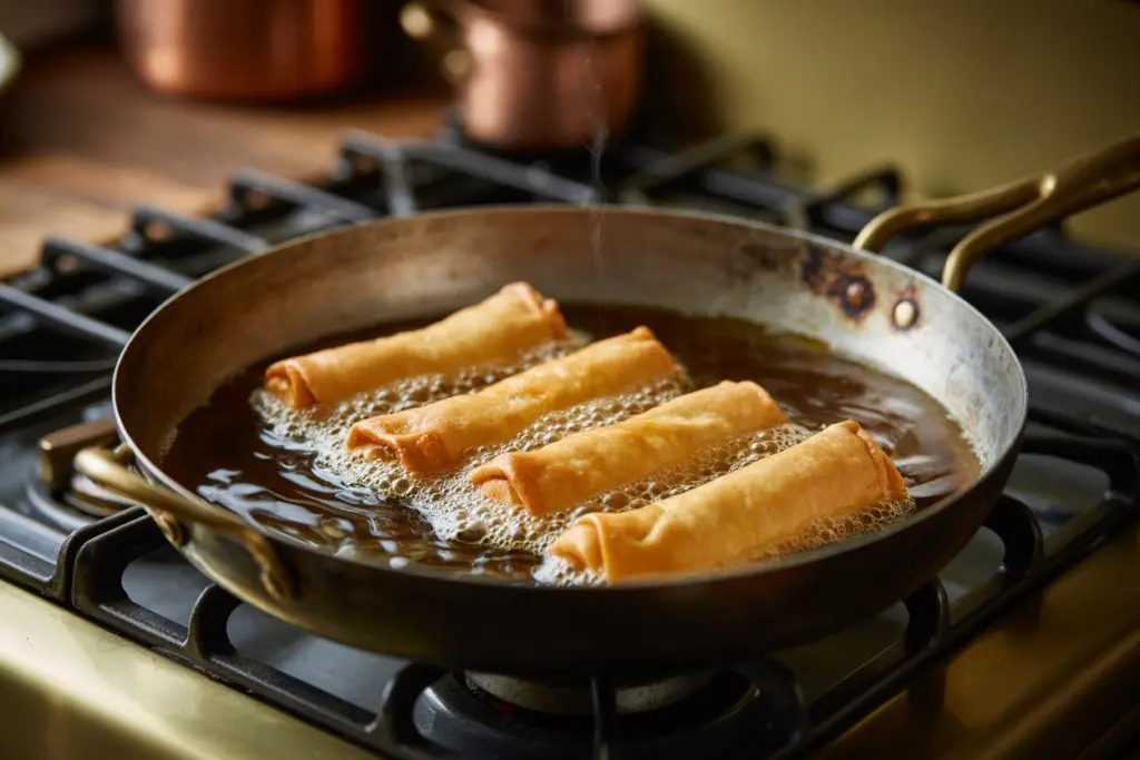 Crispy Pumpkin Cheesecake Egg Rolls Recipe 6 Pumpkin cheesecake egg rolls frying in oil