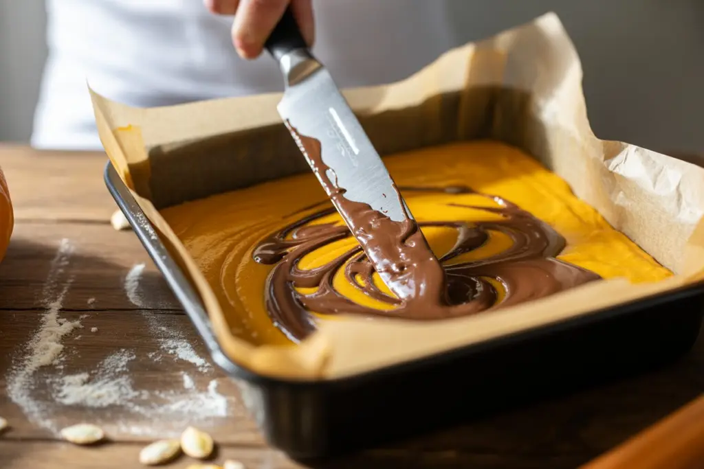 Fudgy Pumpkin Bars with Chocolate Swirl Recipe 5 Swirling chocolate into pumpkin bar batter