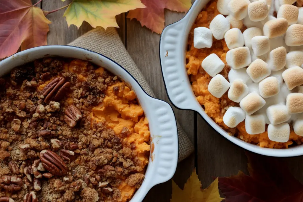 A golden, comforting sweet potato casserole ready for Thanksgiving dinner