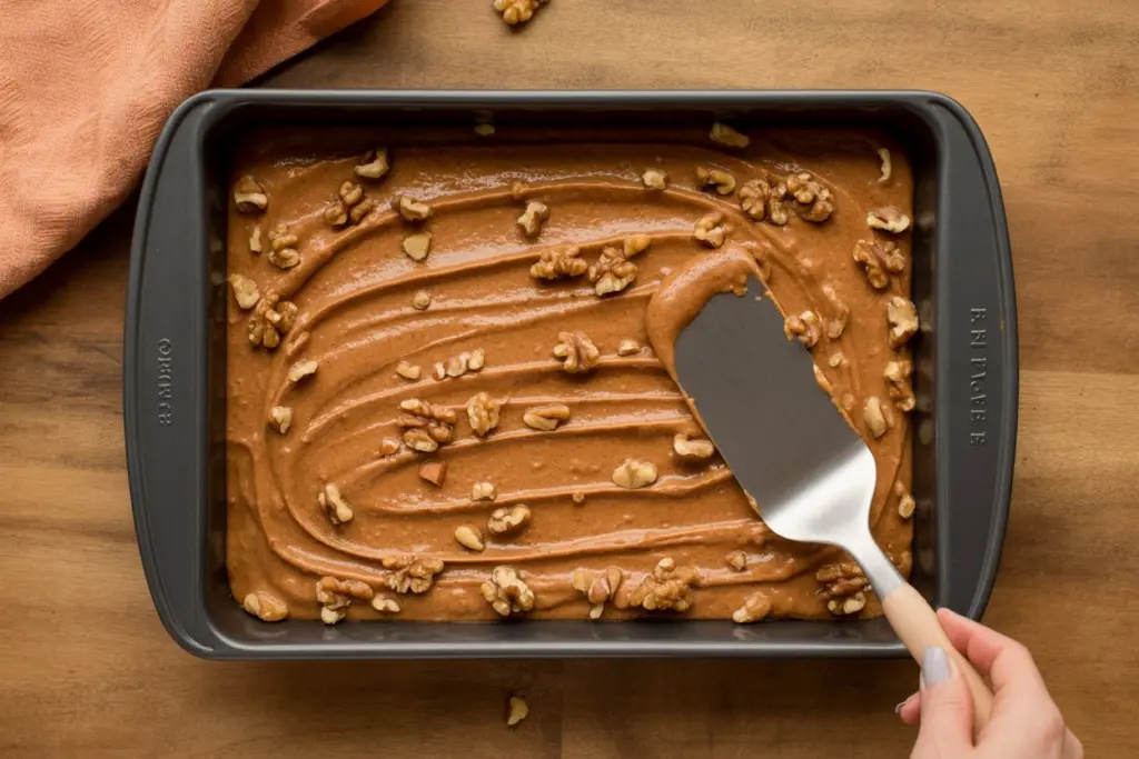 Pumpkin spice bar batter being spread in a rectangular baking pan