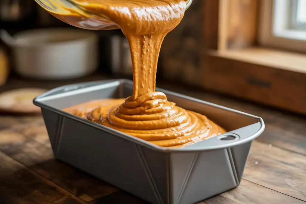 Pumpkin Bread with Cinnamon Glaze Recipe 7 Pouring Batter into Greased Loaf Pan