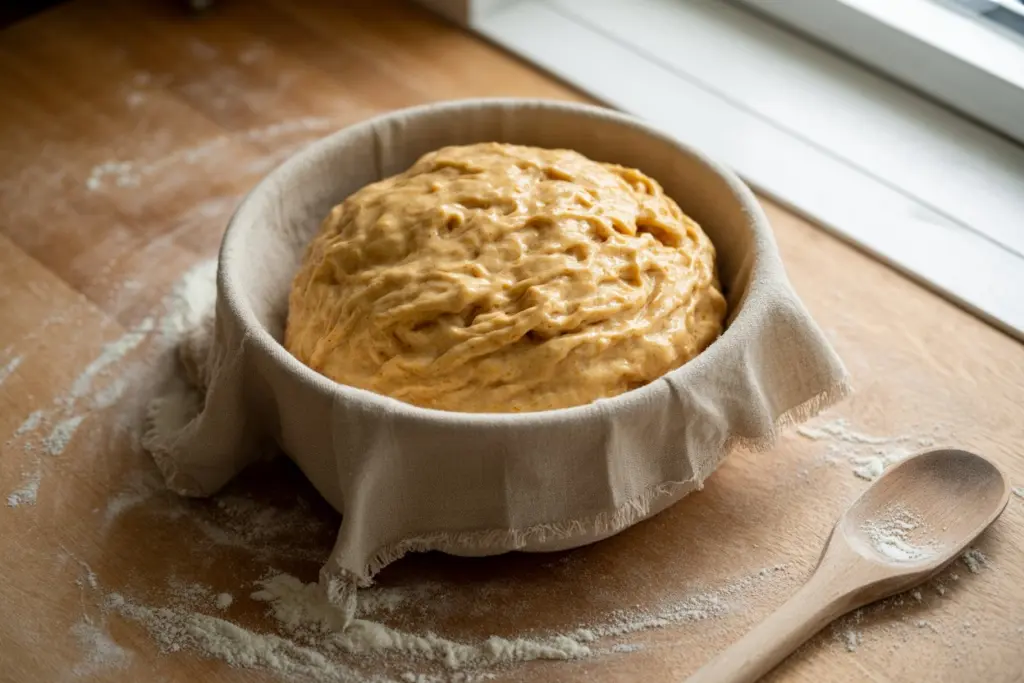 Pumpkin Sourdough Bread Recipe 6 pumpkin sourdough dough on a circular proofing basket l