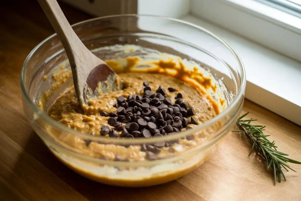 Breakfast Baked Pumpkin Chocolate Chip Oatmeal Cups 7 mixing pumpkin oatmeal batter with chocolate chips