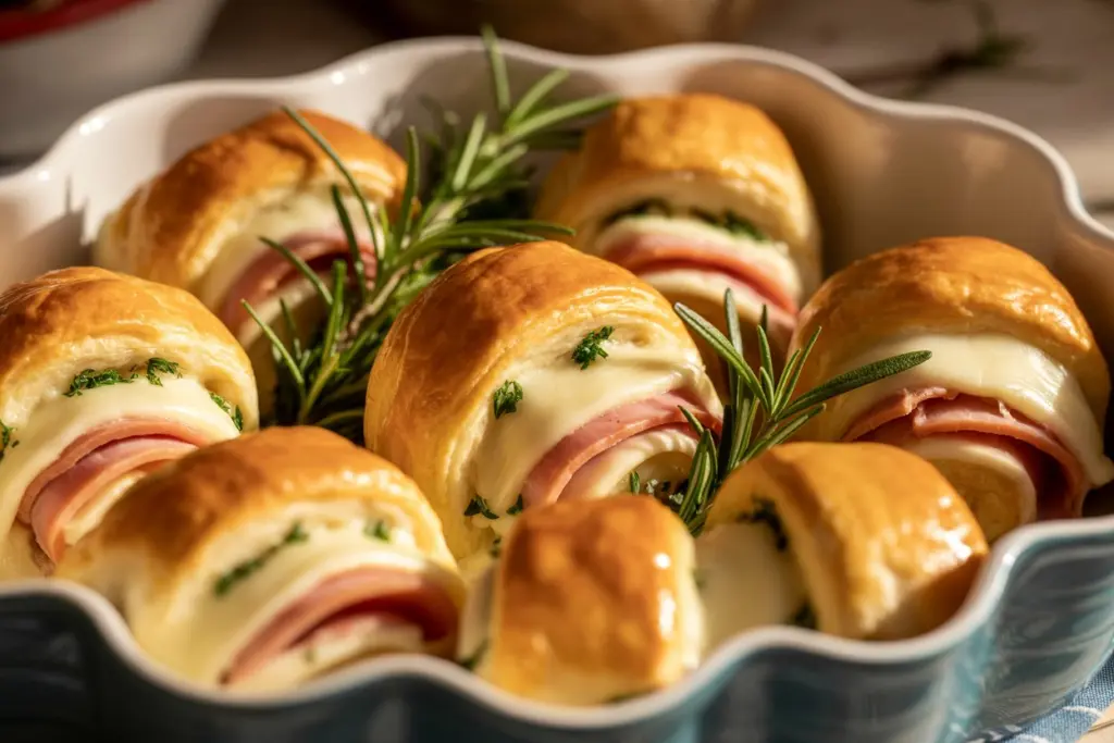 Cheesy Chicken Cordon Bleu Crescent Rolls 5 Hot baked chicken cordon bleu crescent rolls served with herbs
