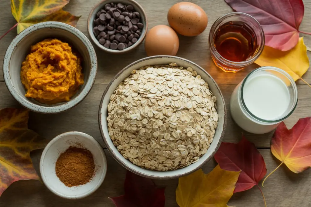 Breakfast Baked Pumpkin Chocolate Chip Oatmeal Cups 5 pumpkin oatmeal cup ingredients with chocolate chips
