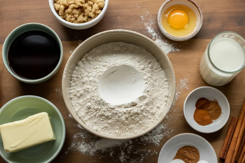 Gingerbread loaf ingredients on rustic surface