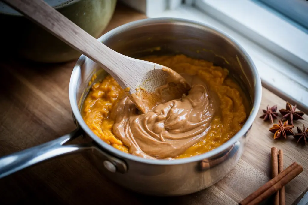 Easy Pumpkin No Bake Cookies Recipe 5 Mixing pumpkin puree and peanut butter in saucepan