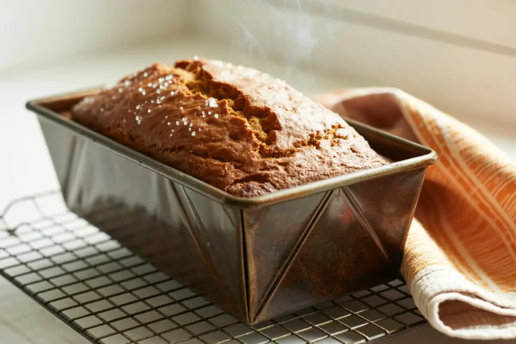 Freshly baked gingerbread loaf cooling on rack