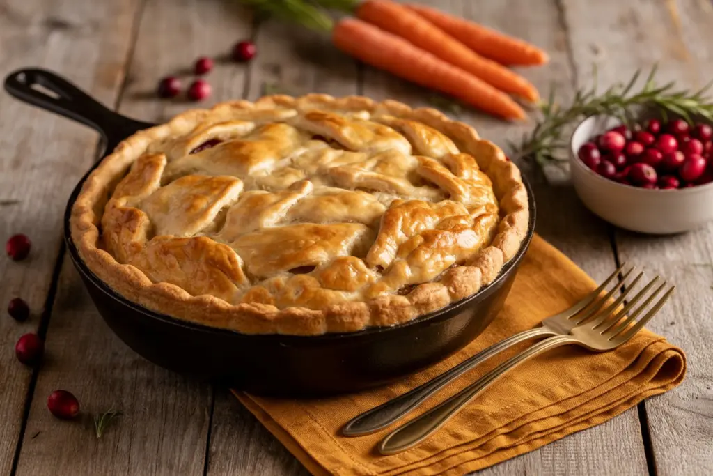 Turkey Pot Pie: The Best Leftover Turkey Recipe for Cozy Nights 7 Turkey Pot Pie in a black cast iron skillet