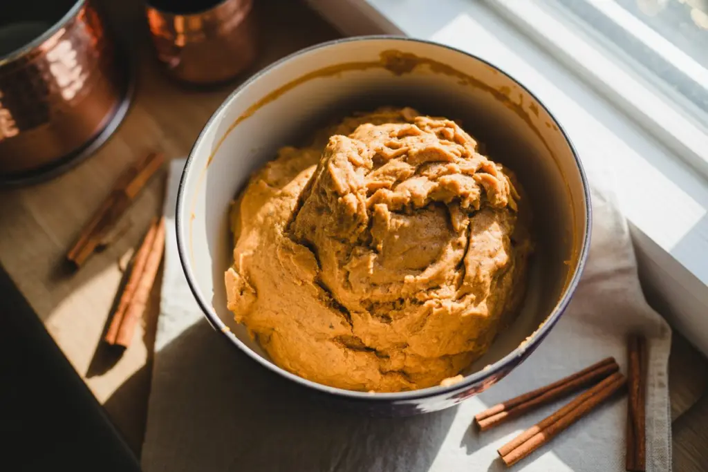 Hands mixing pumpkin snickerdoodle cookie dough