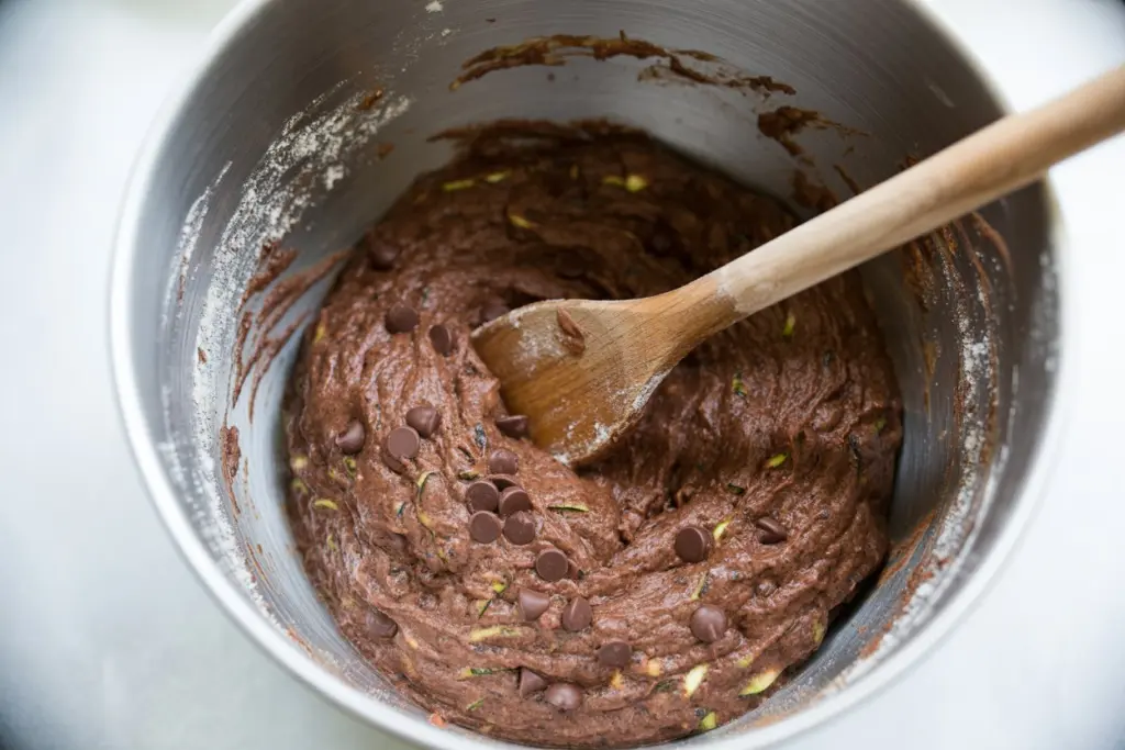 Mixing Batter for double chocolate zucchini bread 
