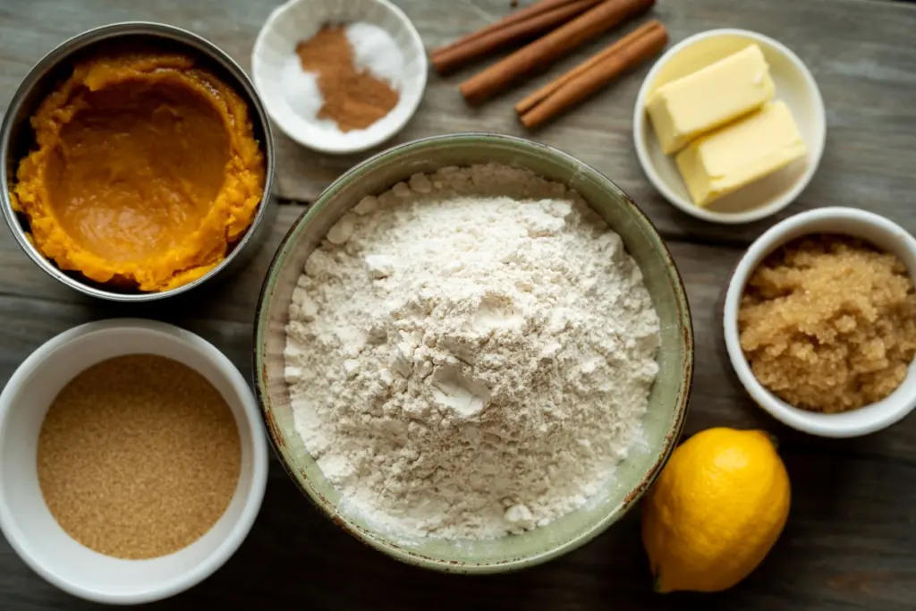 Ingredients for pumpkin snickerdoodle cookies flat lay