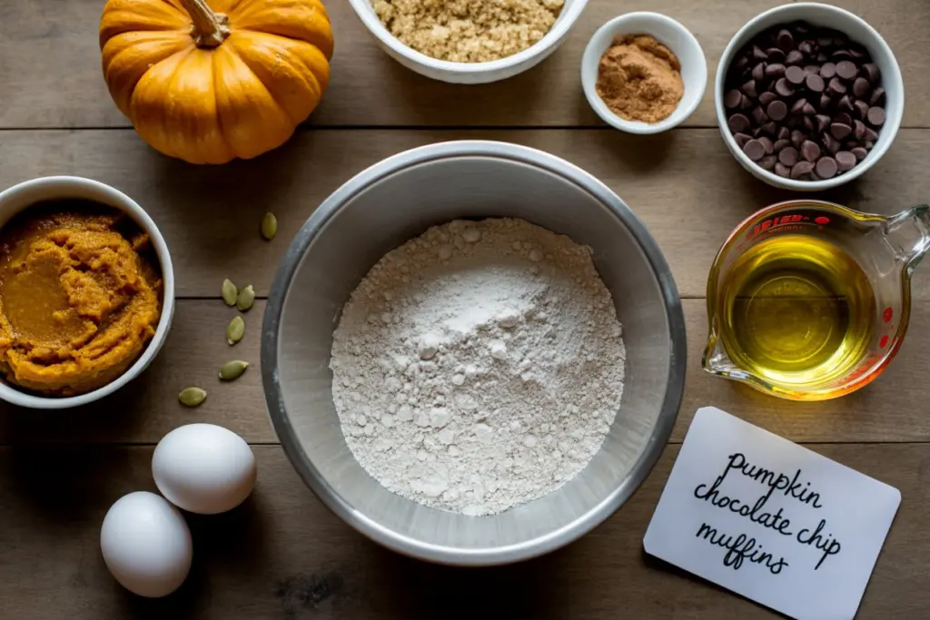 Ingredients for pumpkin chocolate chip muffins laid out on counter