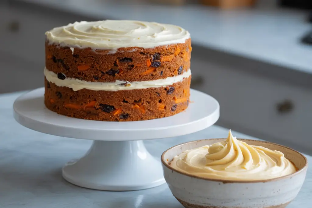 Perfect Carrot Cake with Cream Cheese Frosting Recipe 8 Carrot cake being assembled and frosted