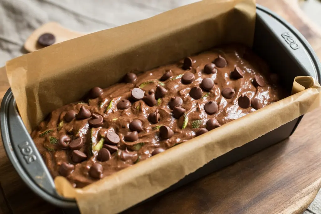 Double chocolate zucchini bread Batter in a large 8×5" loaf pan with brown parchment paper