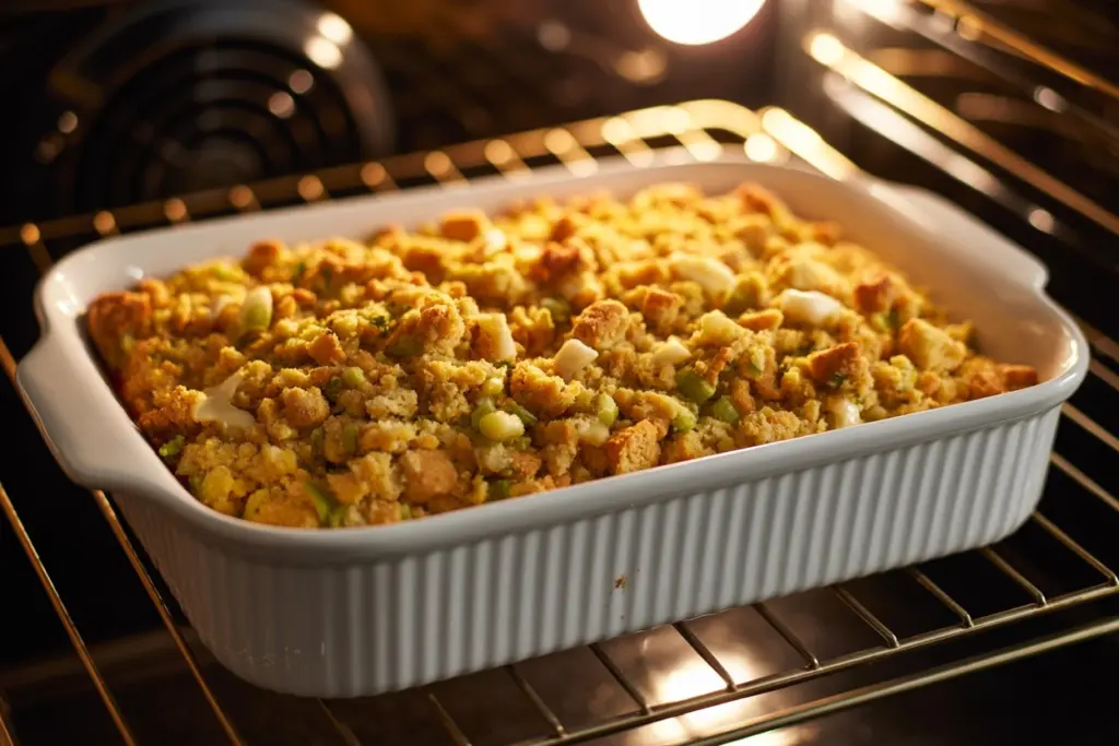 Baking cornbread dressing in oven for Thanksgiving