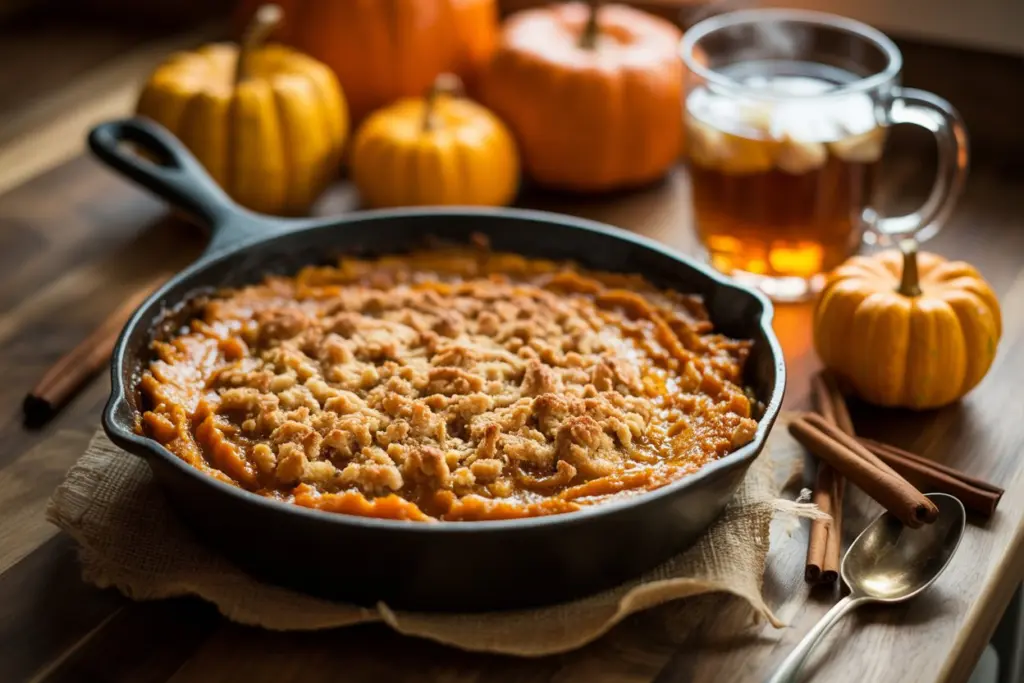 oat crumble topping over pumpkin base in baking dish, hands in action, close-up food shot, warm tones, fall baking concept