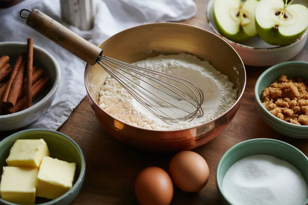 Moist Apple Cinnamon Muffins with Crumb Topping Recipe 5 Ingredients for apple cinnamon muffins on counter