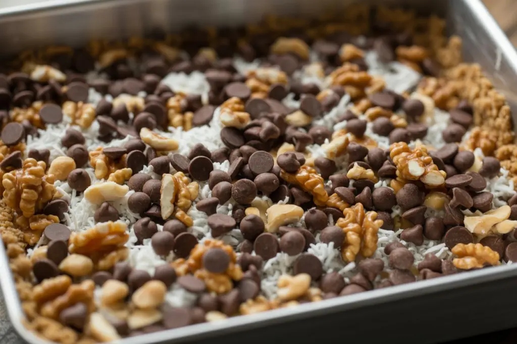 Irresistible Magic Cookie Bars Recipe 5 Layered magic cookie bars before baking