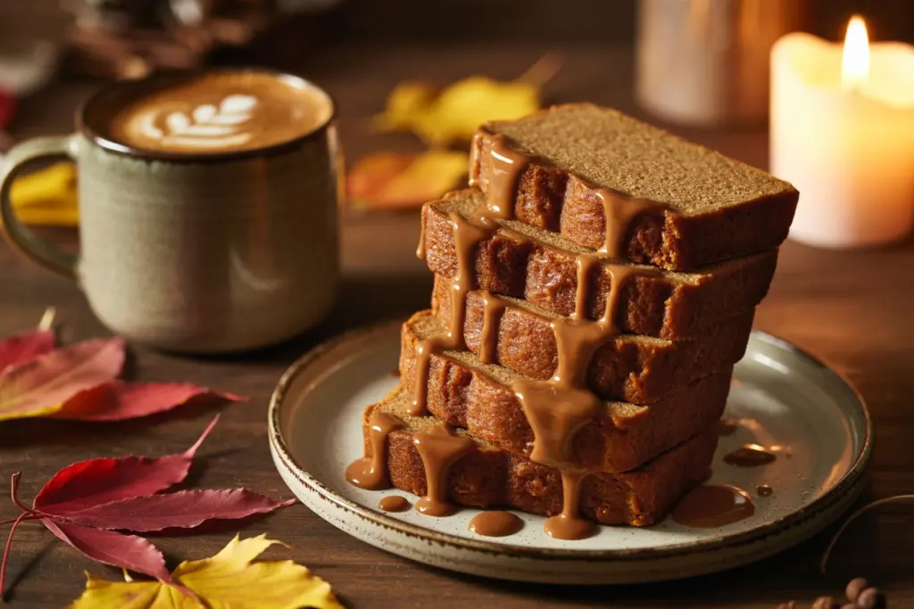 Gingerbread loaf slices served with latte