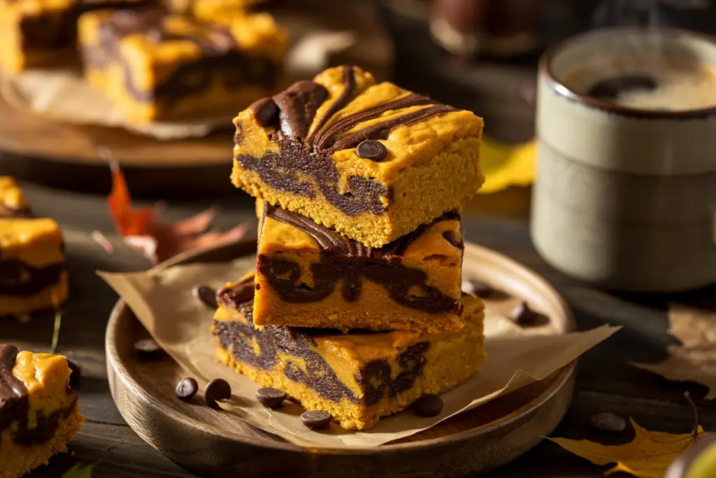 Fudgy Pumpkin Bars with Chocolate Swirl Recipe 7 Served pumpkin bars with chocolate chips
