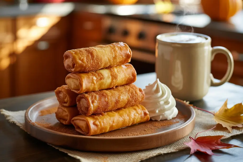 Crispy Pumpkin Cheesecake Egg Rolls Recipe 8 Served pumpkin cheesecake egg rolls with whipped cream