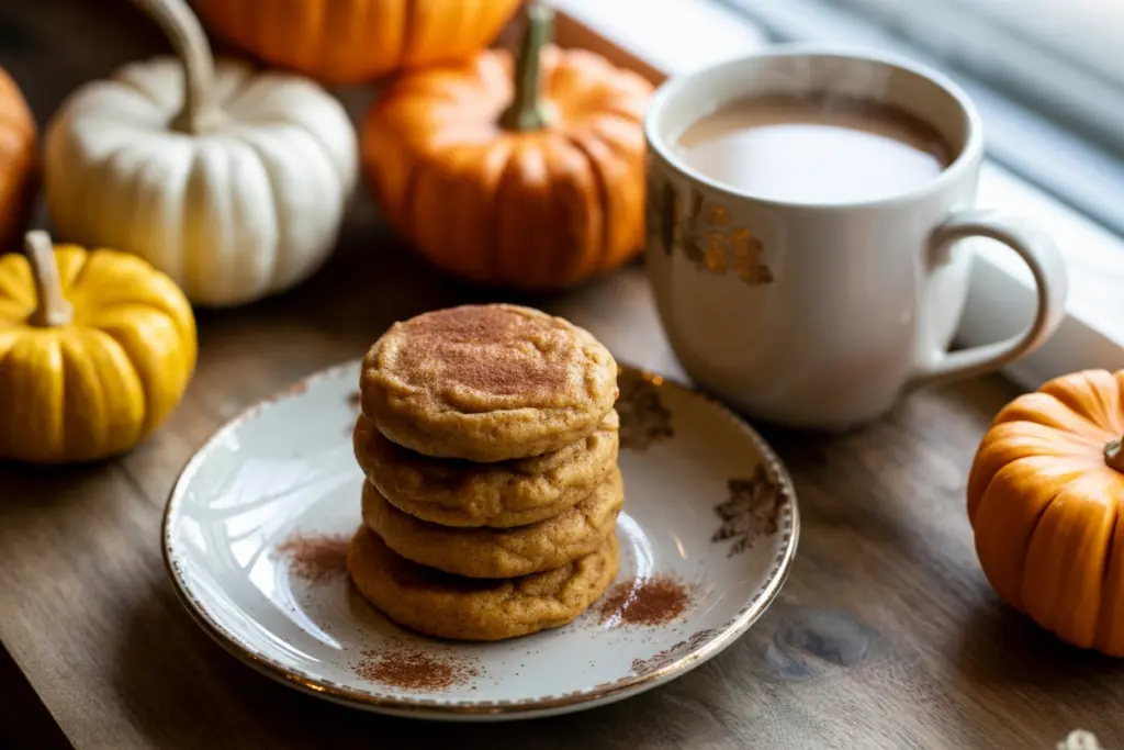 Pumpkin snickerdoodle cookies with chai on a rustic plate