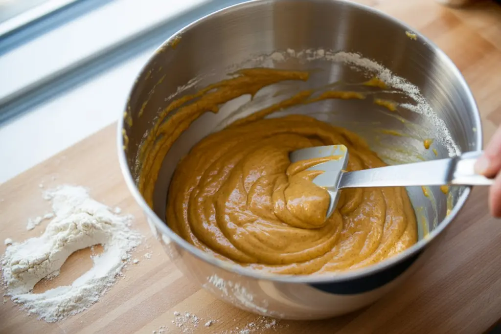 Pumpkin spice bar batter in mixing bowl