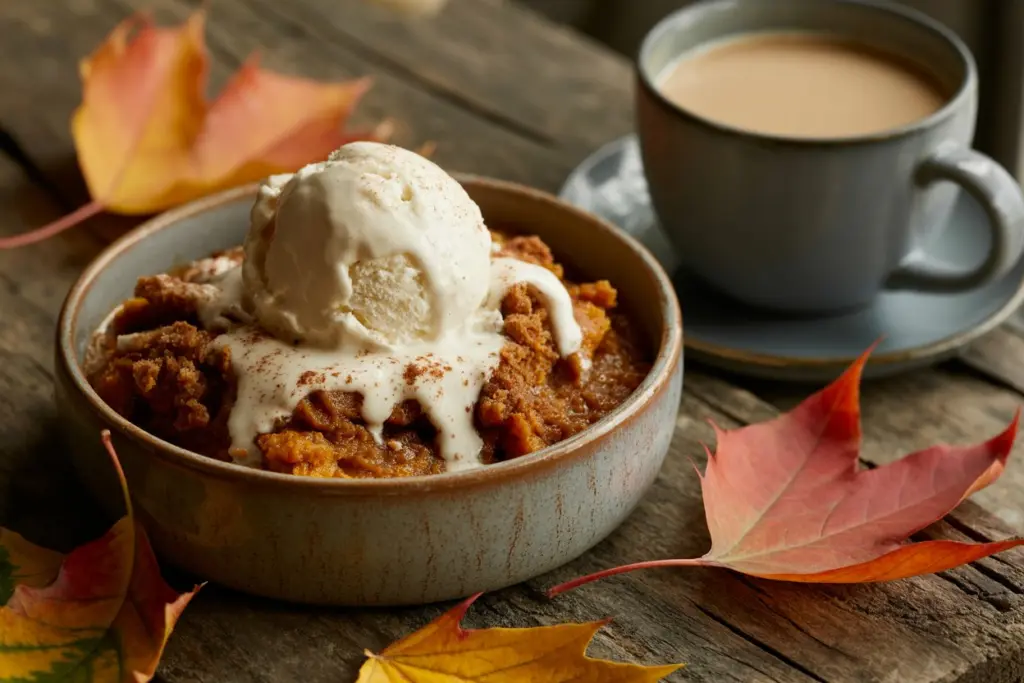 Pumpkin crisp served warm with ice cream