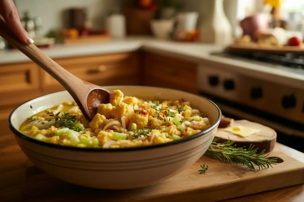 Mixing cornbread dressing base with fresh herbs